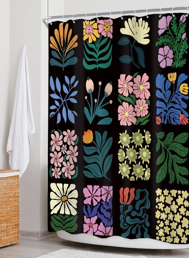 Newsely Retro Shower Curtain 60Wx72L Inch Vintage Abstract Cute Boho Floral Botanical Geometric Groovy Black Blue Aesthetic Bathroom Set Bohemian Waterproof Bath Decoration Accessories Home Decor - Image 3