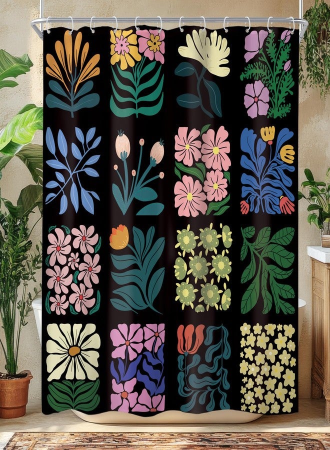 Newsely Retro Shower Curtain 60Wx72L Inch Vintage Abstract Cute Boho Floral Botanical Geometric Groovy Black Blue Aesthetic Bathroom Set Bohemian Waterproof Bath Decoration Accessories Home Decor - Image 1
