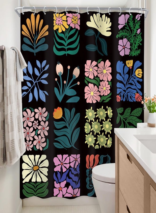 Newsely Retro Shower Curtain 60Wx72L Inch Vintage Abstract Cute Boho Floral Botanical Geometric Groovy Black Blue Aesthetic Bathroom Set Bohemian Waterproof Bath Decoration Accessories Home Decor - Image 4