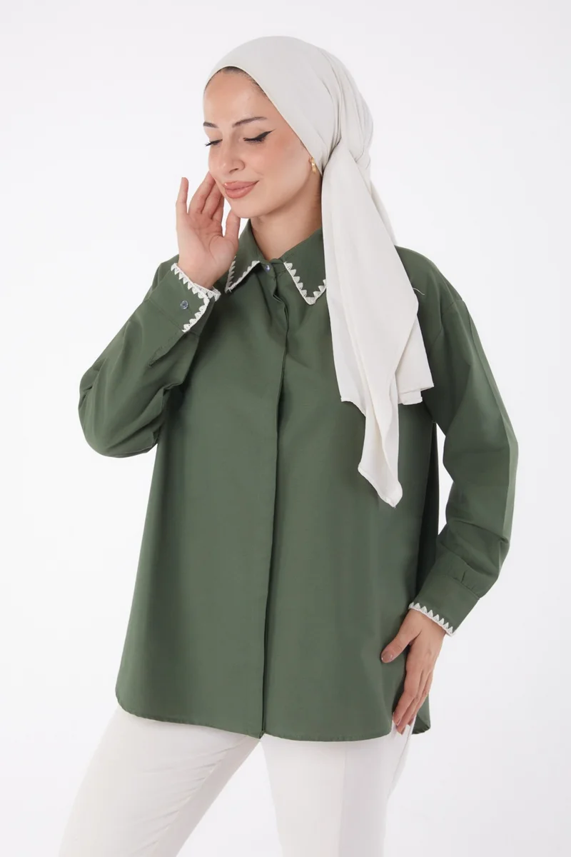 Tofisa Plain Shirt Collar Women's Khaki Rose Embroidered Shirt - 13253