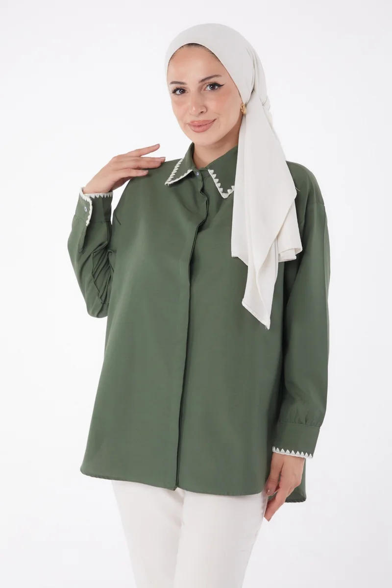Tofisa Plain Shirt Collar Women's Khaki Rose Embroidered Shirt - 13253