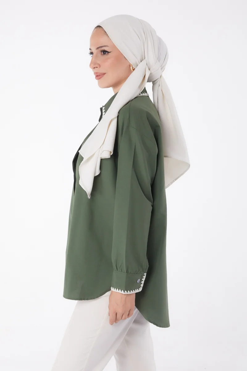 Tofisa Plain Shirt Collar Women's Khaki Rose Embroidered Shirt - 13253