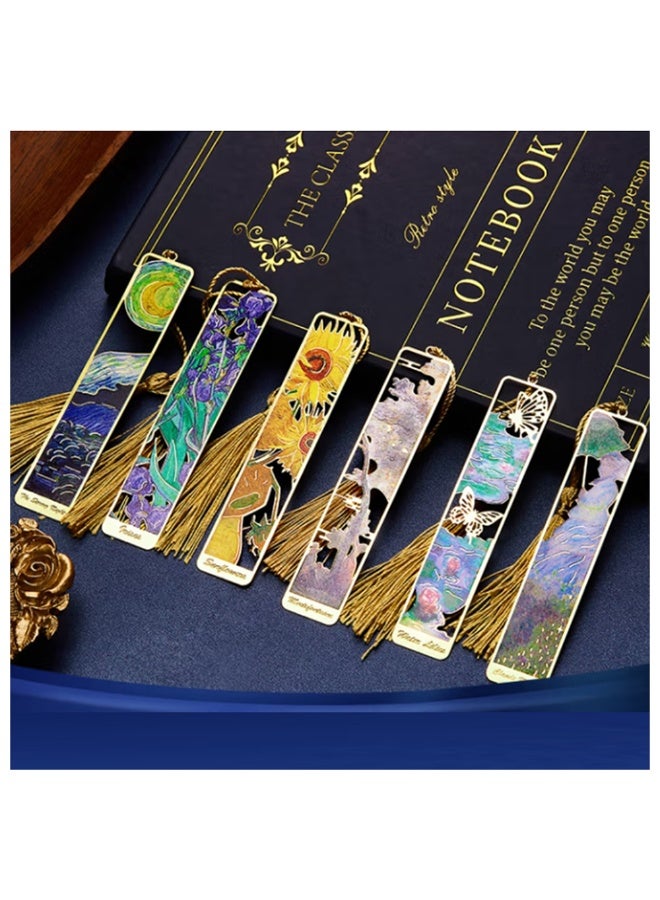 علامات دليل للكتب المعدنية مع خرزة، موضوع فنية فان جوخ مع متتبع مجوف، يدوية عصرية، مثالية لعشاق الكتب والقارئين، المعلمين والطلاب والأطفال - مستلزمات المدرسة والمكتب والمنزل - 6 قطع - Image 1