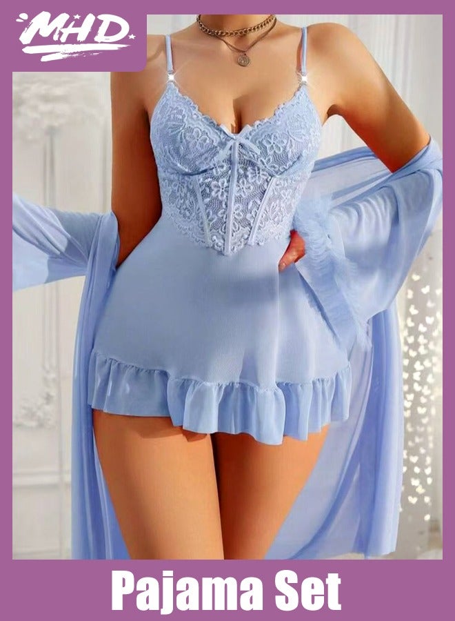 2pcs Set: Fishbone Style Cinch Waist Lace Cami Nightgown & Wide Sleeve Mesh Robe