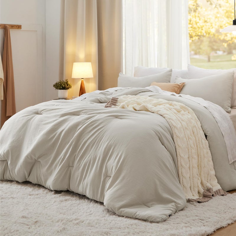 Bedsure Oversized Queen Comforter Set, Beige Soft Prewashed Bedding for All Seasons, 3 Pieces GentleSoftâ„¢ Bed Set, 1 Lightweight Comforter (98"x98") and 2 Pillowcases (20"x26") - Image 1