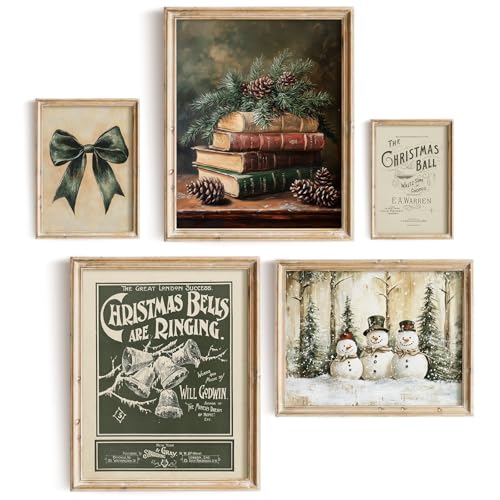 uniro Christmas Wall Art Prints Dark Green Christmas Prints Set Gallery wall Winter Farmhouse Holiday Canvas Art Print Moody Nostalgic Cottage Decor Set of 5 Prints Rustic Santa Picture Decor for Bedroom Living Room Gallery Winter Room Decor Holiday Decoration Gifts - Image 1