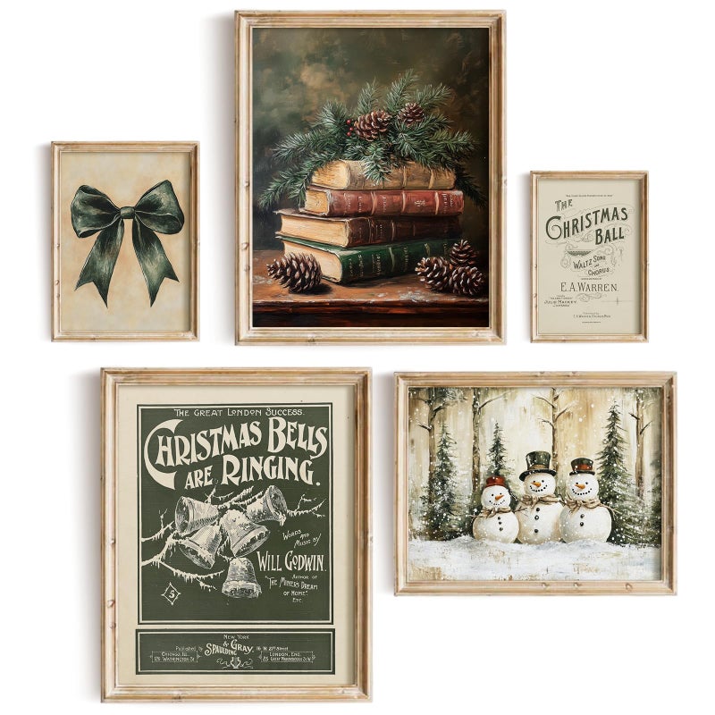 uniro Christmas Wall Art Prints Dark Green Christmas Prints Set Gallery wall Winter Farmhouse Holiday Canvas Art Print Moody Nostalgic Cottage Decor Set of 5 Prints Rustic Santa Picture Decor for Bedroom Living Room Gallery Winter Room Decor Holiday Decoration Gifts - Image 2