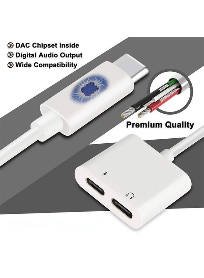 White Dual USB C To Aux Audio Jack And Charging Adapter For iPhone 15 Galaxy S23 Pixel - Image 5