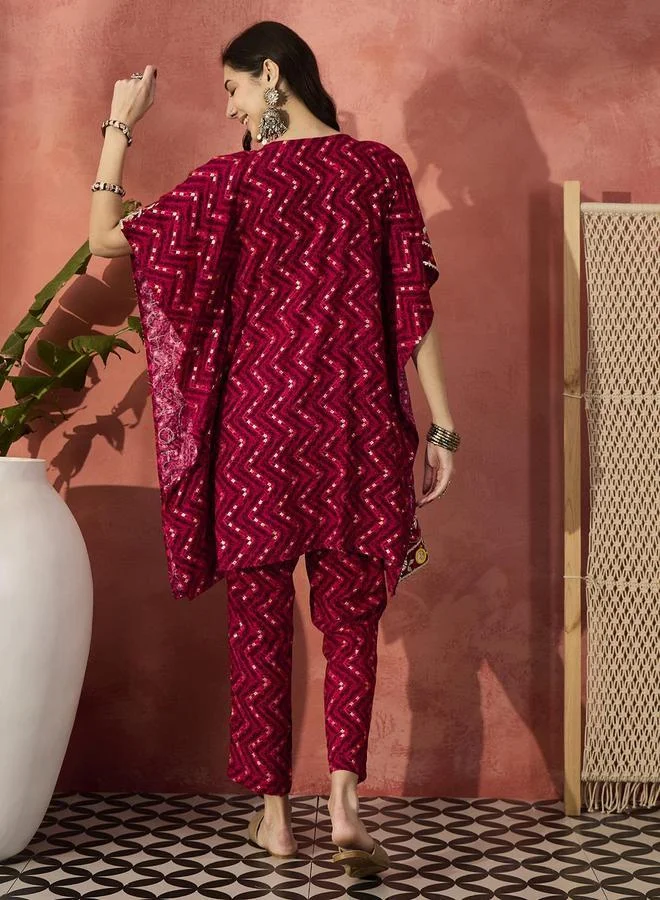 آي شين Women's Red Rayon Embellished Tunic Top With Ankle Palazzo Flared 2 Peice Kurta Set