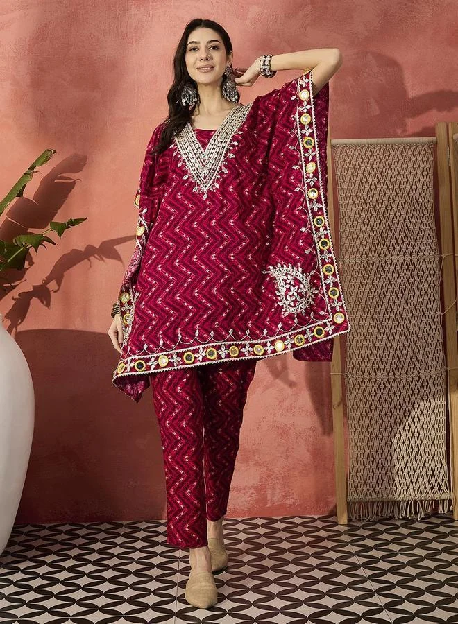 آي شين Women's Red Rayon Embellished Tunic Top With Ankle Palazzo Flared 2 Peice Kurta Set
