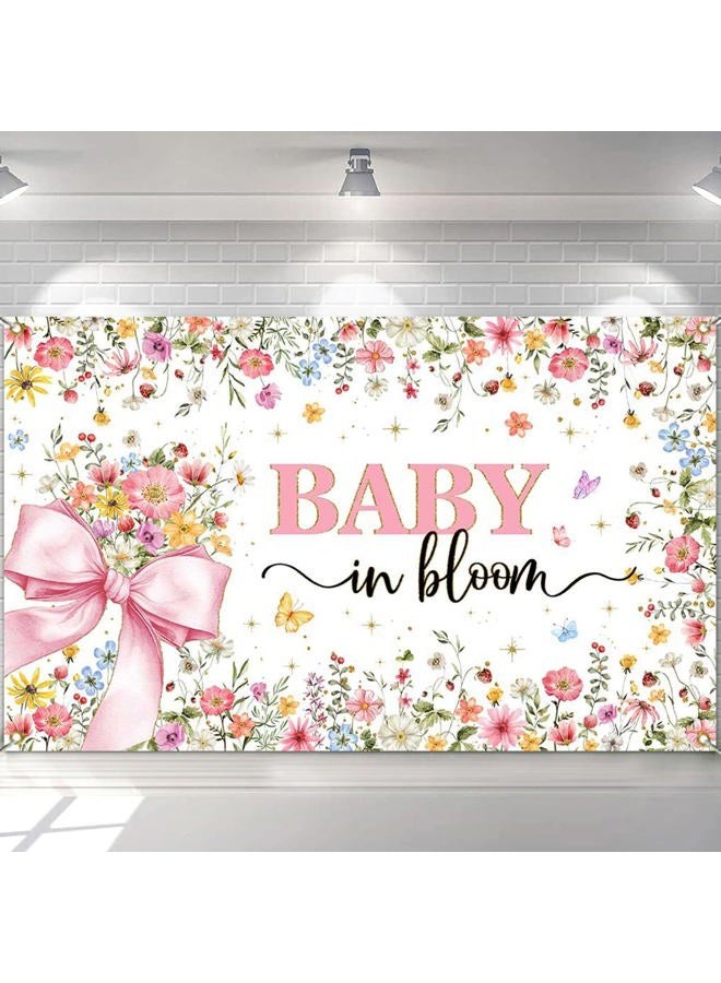 Mocsicka Baby in Bloom Baby Shower Banner Backdrop for Girls Pink Bow Baby Girl Shower Party Background Decorations Wildflower Butterfly Gold Glitter Photography Banner (6x3.6ft) - Image 4