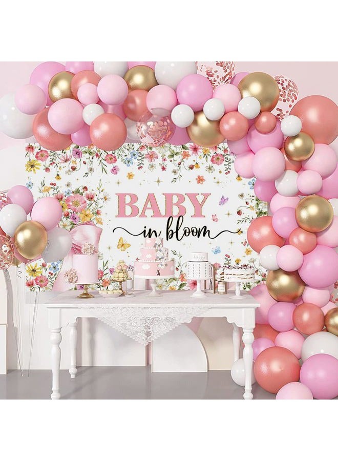 Mocsicka Baby in Bloom Baby Shower Banner Backdrop for Girls Pink Bow Baby Girl Shower Party Background Decorations Wildflower Butterfly Gold Glitter Photography Banner (6x3.6ft) - Image 2