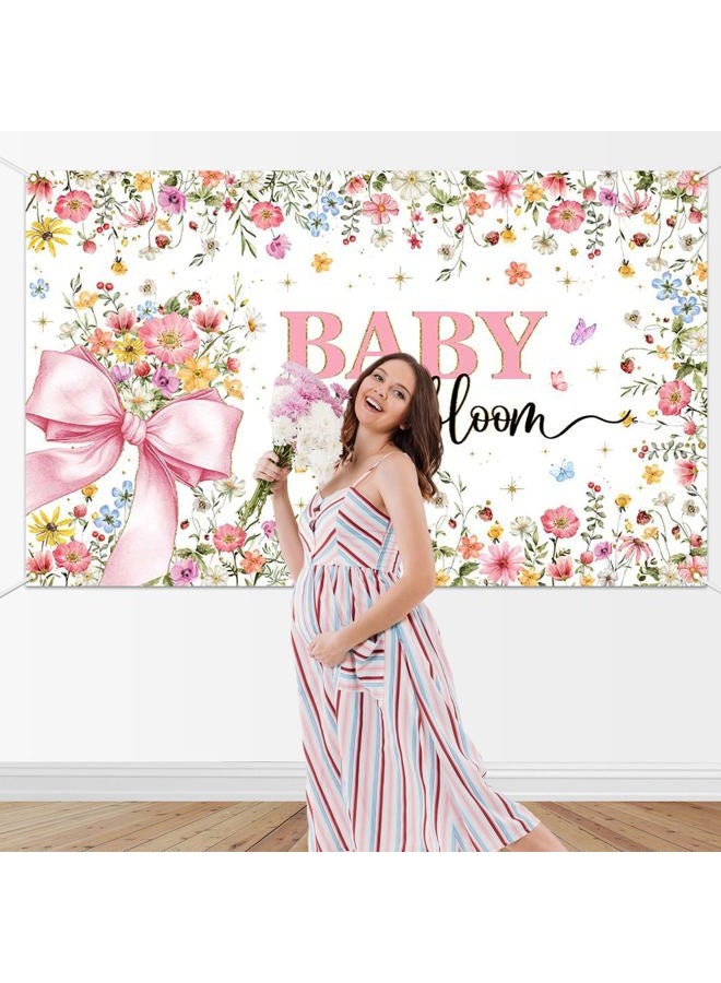 Mocsicka Baby in Bloom Baby Shower Banner Backdrop for Girls Pink Bow Baby Girl Shower Party Background Decorations Wildflower Butterfly Gold Glitter Photography Banner (6x3.6ft) - Image 3