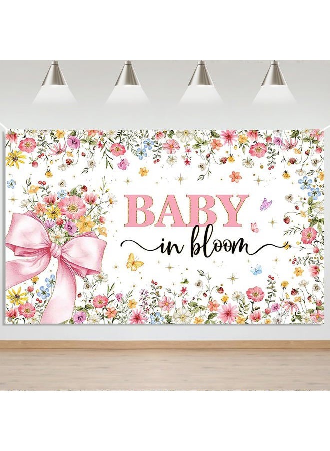 Mocsicka Baby in Bloom Baby Shower Banner Backdrop for Girls Pink Bow Baby Girl Shower Party Background Decorations Wildflower Butterfly Gold Glitter Photography Banner (6x3.6ft) - Image 1