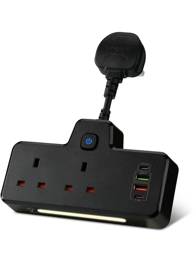 promass Multi Plug Extension Socket, 6 in 1 Wall Charger with Night Light, 2 AC Outlet Extender PD 20W USB-C & 2 USB-A QC 3.0, Triple UK Power Sockets for Home, Office, Kichen, Black - Image 1