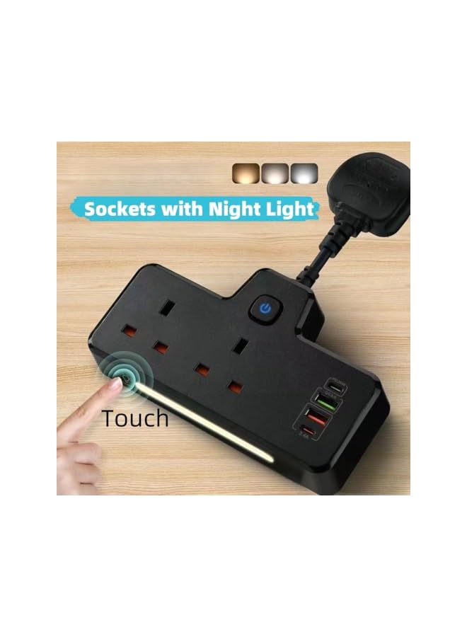 promass Multi Plug Extension Socket, 6 in 1 Wall Charger with Night Light, 2 AC Outlet Extender PD 20W USB-C & 2 USB-A QC 3.0, Triple UK Power Sockets for Home, Office, Kichen, Black - Image 2