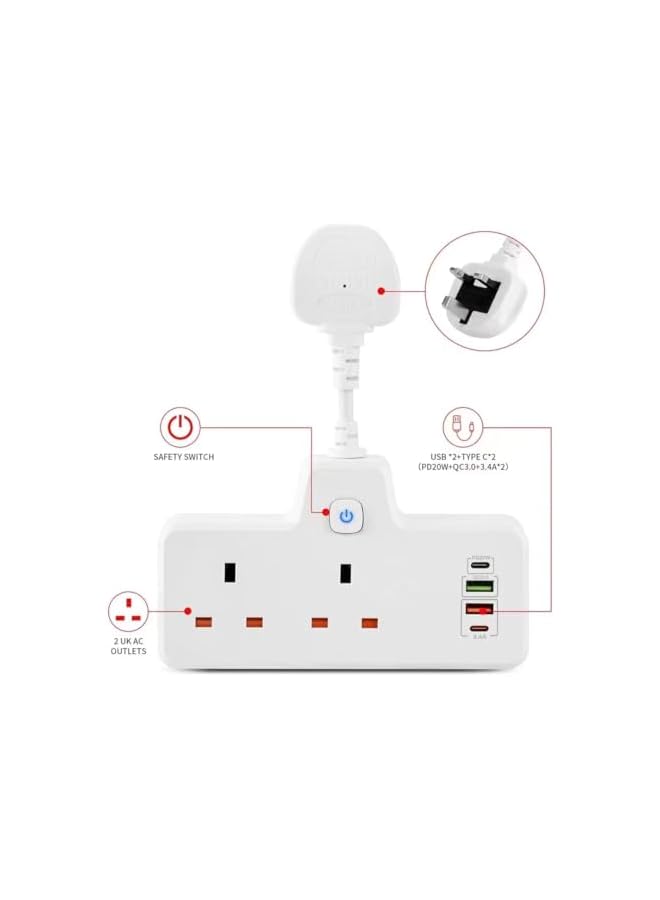 promass Multi Plug Extension Socket, 6 in 1 Wall Charger with Night Light, 2 AC Outlet Extender PD 20W USB-C & 2 USB-A QC 3.0, Triple UK Power Sockets for Home, Office, Kichen, Black - Image 5