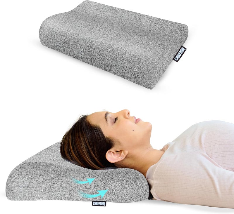 CareFoam وسادة المصنوعة من إسفنج ذا ذاكرة للرقبة | ضمان لمدة سنتين | تخفيف الألم أثناء النوم، تحسين وضعية الجسم وتنظيم العمود الفقري، تخفيف ألم الرقبة | أبعاد: 21 × 13 × 4 بوصة | غطاء باللون الأسود المختلط | عبوة تحتوي على قطعة واحدة. - Image 1