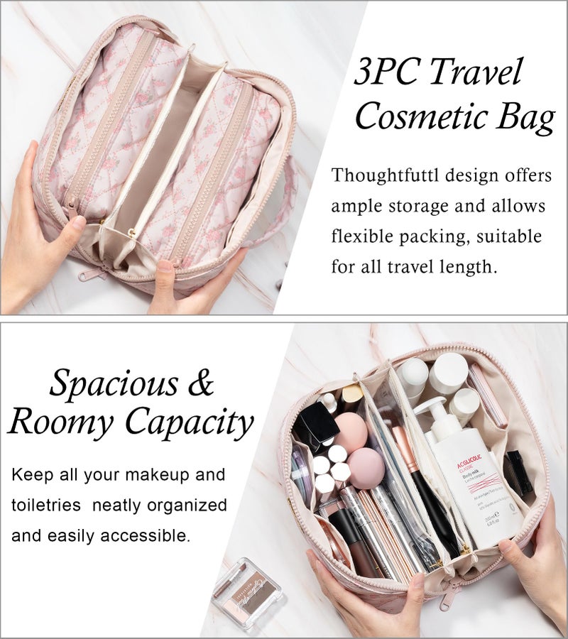 Bagstellar Travel Makeup Bag, 3 Pcs Large Capacity Puffy Toiletry Bag for Women, Open Flat Make up Cosmetic Organizer w/Handle & Clear Divider Water-resistant Portable Pouch Travel Essentials, M-Beige Rose - Image 3