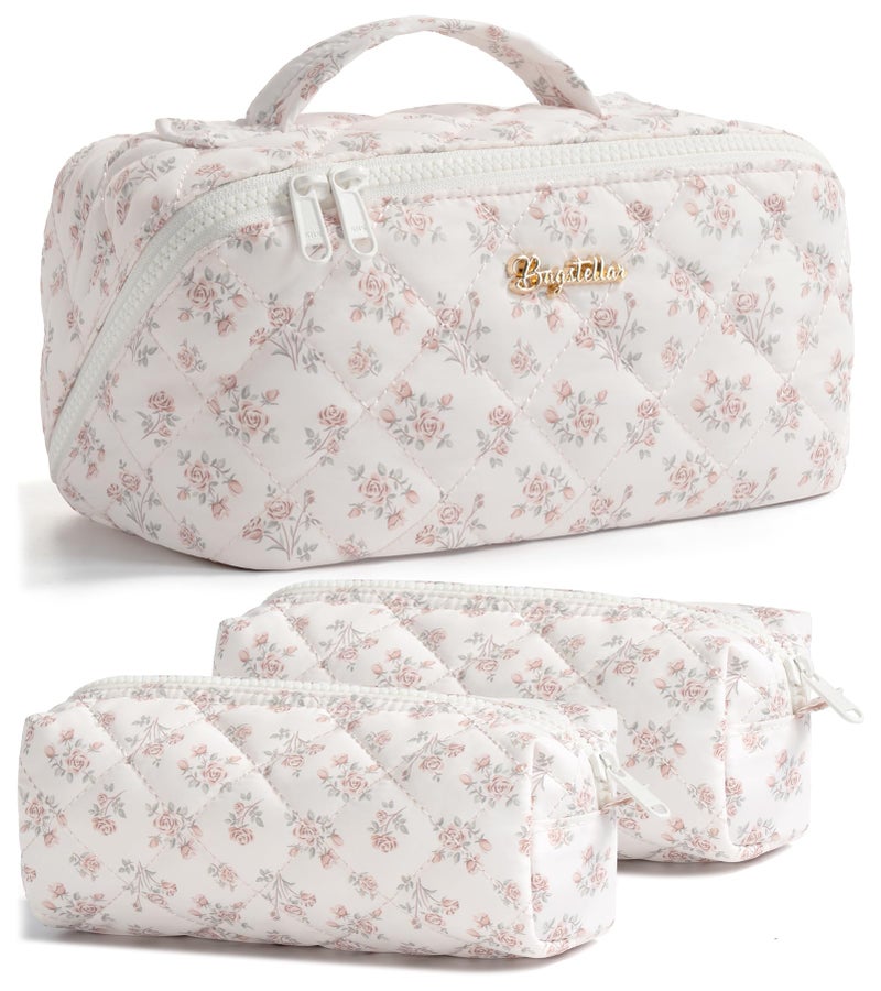 Bagstellar Travel Makeup Bag, 3 Pcs Large Capacity Puffy Toiletry Bag for Women, Open Flat Make up Cosmetic Organizer w/Handle & Clear Divider Water-resistant Portable Pouch Travel Essentials, M-Beige Rose - Image 1