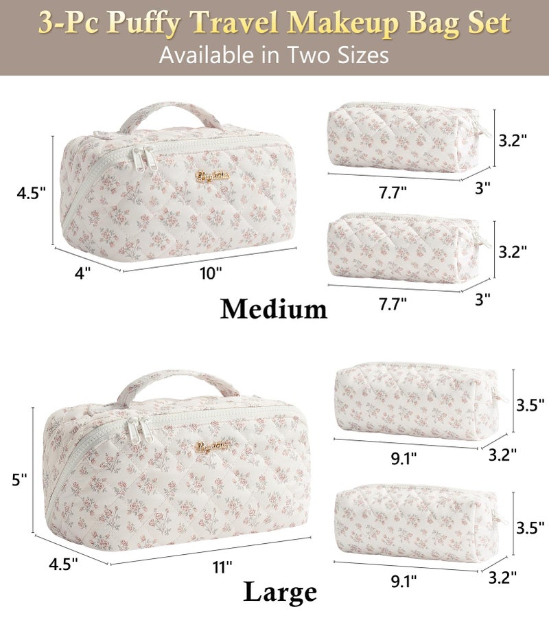 Bagstellar Travel Makeup Bag, 3 Pcs Large Capacity Puffy Toiletry Bag for Women, Open Flat Make up Cosmetic Organizer w/Handle & Clear Divider Water-resistant Portable Pouch Travel Essentials, M-Beige Rose - Image 2