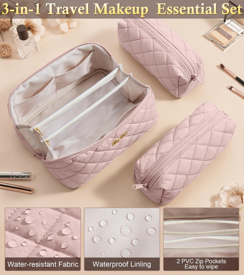 Bagstellar Travel Makeup Bag, 3 Pcs Large Capacity Puffy Toiletry Bag for Women, Open Flat Make up Cosmetic Organizer w/Handle & Clear Divider Water-resistant Portable Pouch Travel Essentials, M-Beige Rose - Image 5