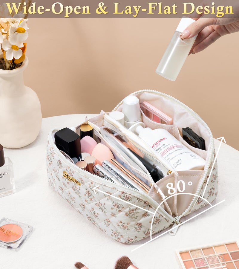 Bagstellar Travel Makeup Bag, 3 Pcs Large Capacity Puffy Toiletry Bag for Women, Open Flat Make up Cosmetic Organizer w/Handle & Clear Divider Water-resistant Portable Pouch Travel Essentials, M-Beige Rose - Image 4