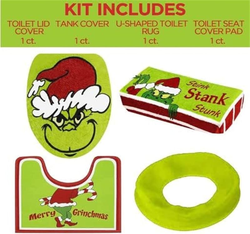Grinch Christmas Decor 4pcs Green - Adorable Non-Slip Design Premium Soft Polyester Fleece Bathroom Rug Set for Holiday Bathroom Decor - Image 4