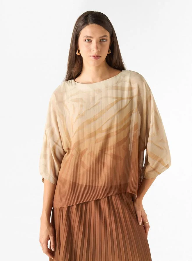 Iconic Iconic Pleat Detail Top with Round Neck and Extended Sleeves
