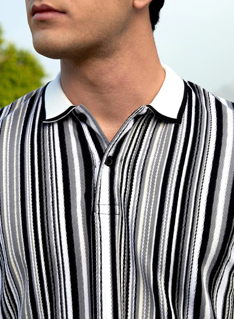 Campus Sutra Men's Cream White & Midnight Black Multitrack Knit Polo T-Shirt
