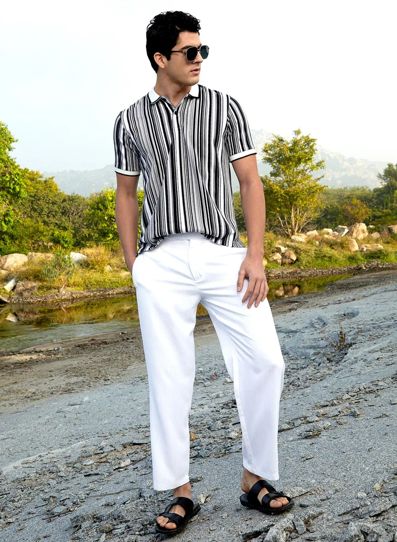 Campus Sutra Men's Cream White & Midnight Black Multitrack Knit Polo T-Shirt