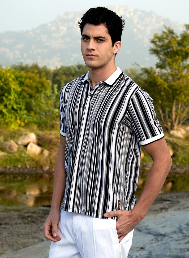 Campus Sutra Men's Cream White & Midnight Black Multitrack Knit Polo T-Shirt