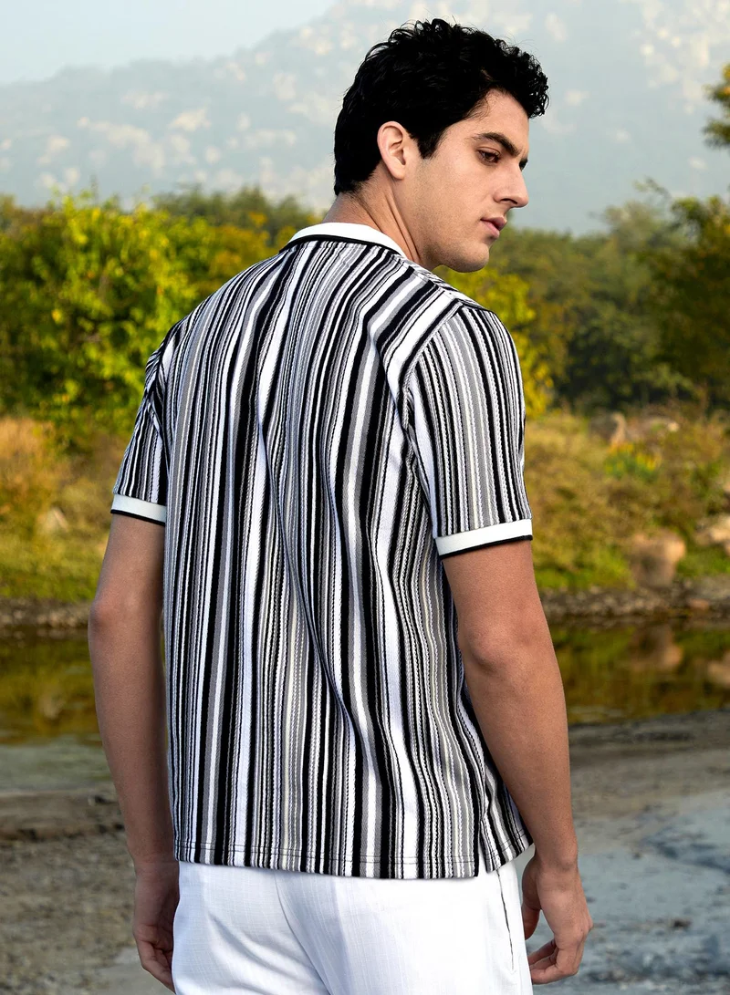 Campus Sutra Men's Cream White & Midnight Black Multitrack Knit Polo T-Shirt