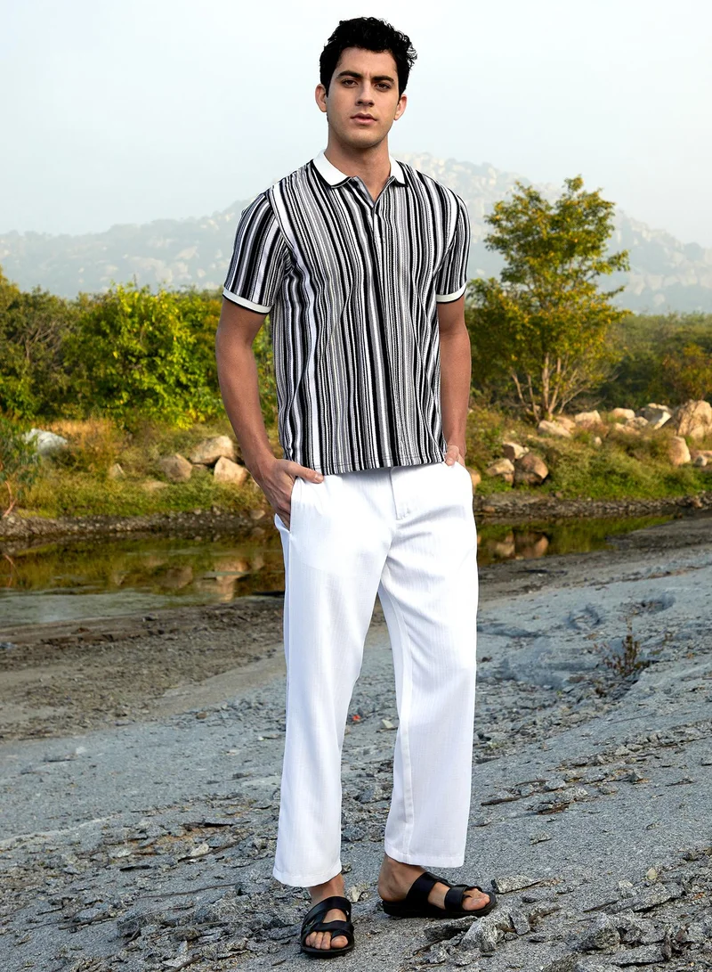 Campus Sutra Men's Cream White & Midnight Black Multitrack Knit Polo T-Shirt