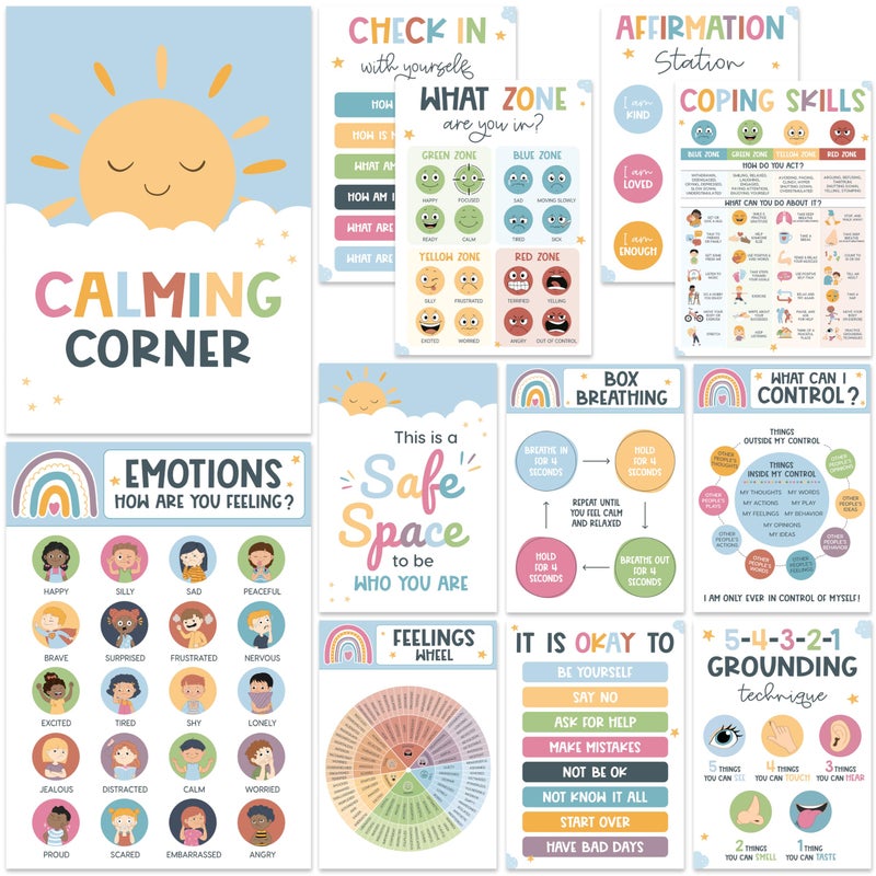 BEAWART 12 Boho Calming Corner Classroom Posters - Feelings Wheel Chart & Emotions Poster For Kids, Calm Down Corner Supplies For Therapy Office Decor, Mental Health Wall Decorations For Preschool Teachers BEAWART - Image 1