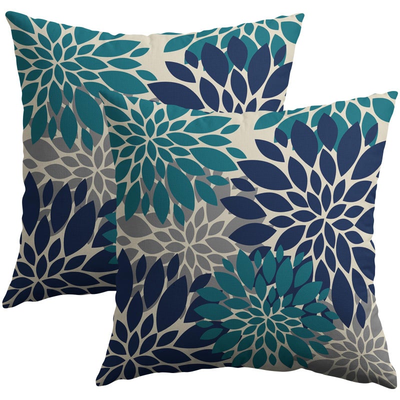 Smozenith Smozenith Navy Blue Teal Pillow Covers 16X16 Inch Set of 2  Summer Modern Geometry Dahlia Floral Print Decorative Throw Pillow Covers Outdoor Farmhouse Cushion Case for Couch Sofa Bed Decor  - Image 1