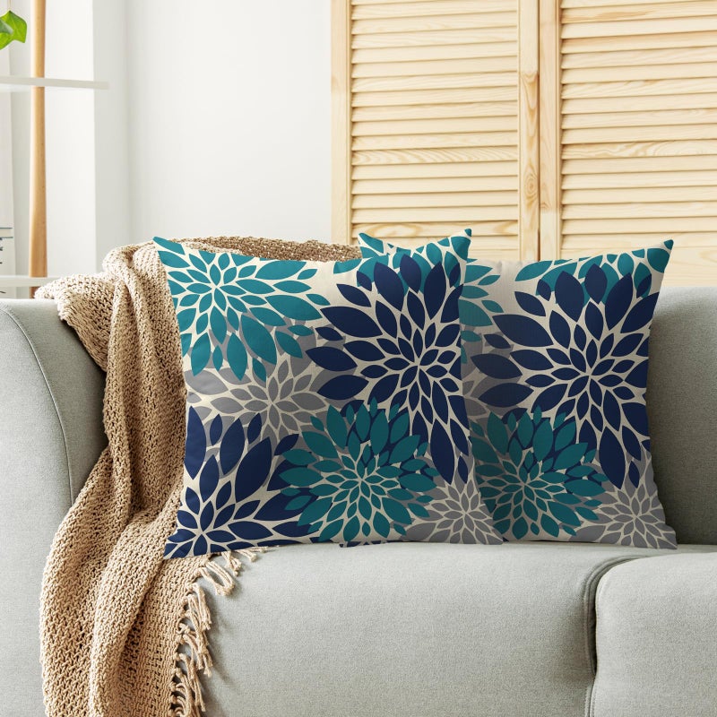 Smozenith Smozenith Navy Blue Teal Pillow Covers 16X16 Inch Set of 2  Summer Modern Geometry Dahlia Floral Print Decorative Throw Pillow Covers Outdoor Farmhouse Cushion Case for Couch Sofa Bed Decor  - Image 2