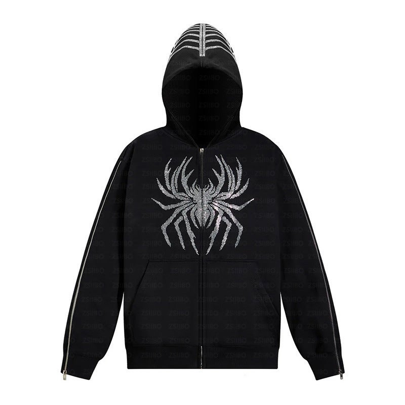 American Fashion Gothic Style Hooded Cardigan Personalized Spider Rhinestone Mens and Womens Sweatshirt Sleeve Zipper Sweatshirt Black