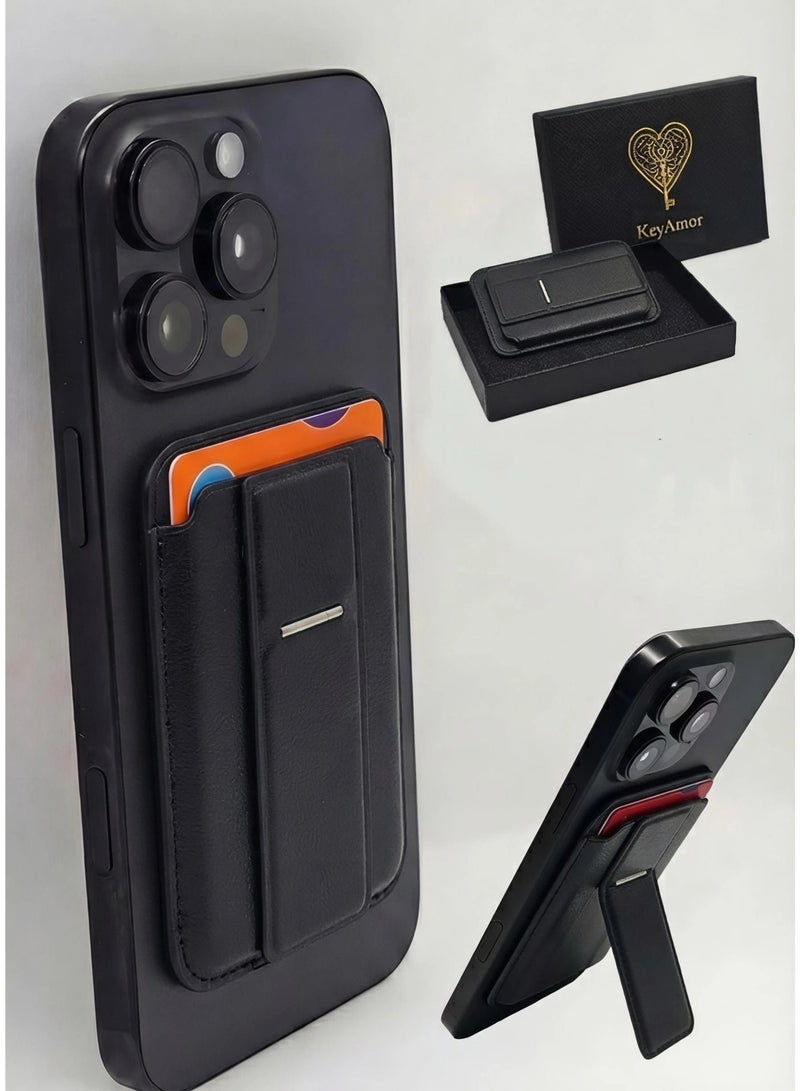 كيامور محفظة MagSafe مع حامل، حافظة بطاقات مغناطيسية أقوى متوافقة مع سلسلة iPhone 16/15/14/13/12، محفظة هاتف جلدية فاخرة مع تقنية حجب RFID، فتحة واحدة، تتسع لخمسة بطاقات، باللون الأسود​ - Image 1