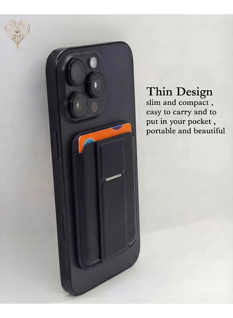 كيامور محفظة MagSafe مع حامل، حافظة بطاقات مغناطيسية أقوى متوافقة مع سلسلة iPhone 16/15/14/13/12، محفظة هاتف جلدية فاخرة مع تقنية حجب RFID، فتحة واحدة، تتسع لخمسة بطاقات، باللون الأسود​ - Image 2