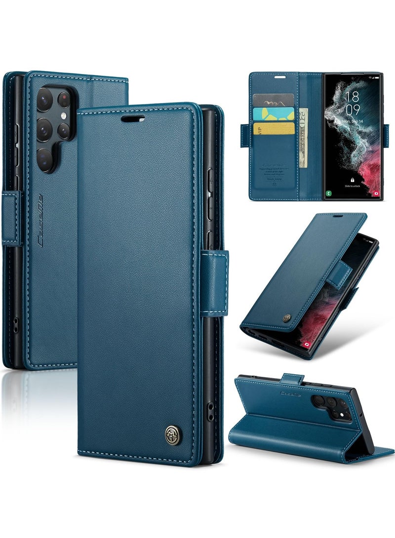 CaseMe Phone Case Luxury PU Leather Design Anti Fingerprint 023 Flip Cover Card Slot Holder Cover For Samsung Galaxy S22 Ultra (Blue) - Image 1