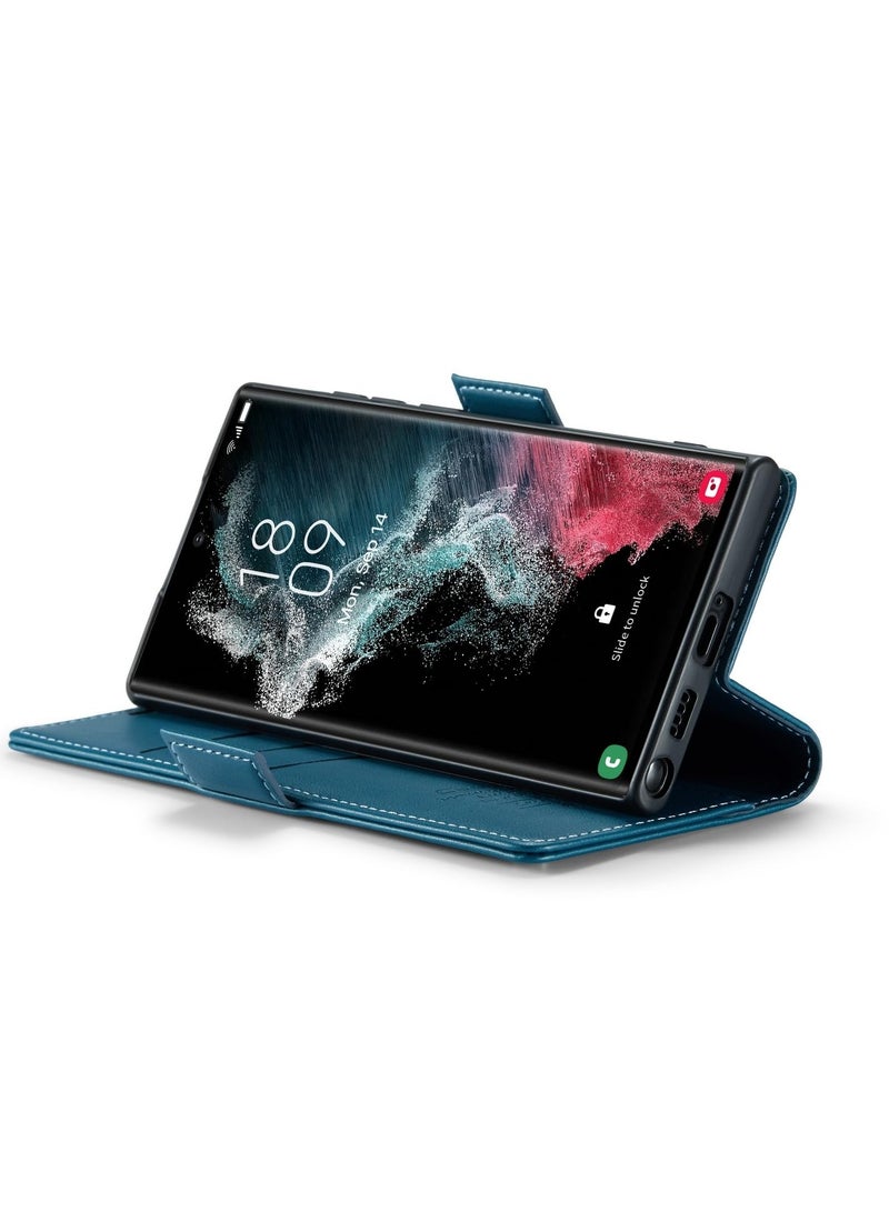 CaseMe Phone Case Luxury PU Leather Design Anti Fingerprint 023 Flip Cover Card Slot Holder Cover For Samsung Galaxy S22 Ultra (Blue) - Image 3