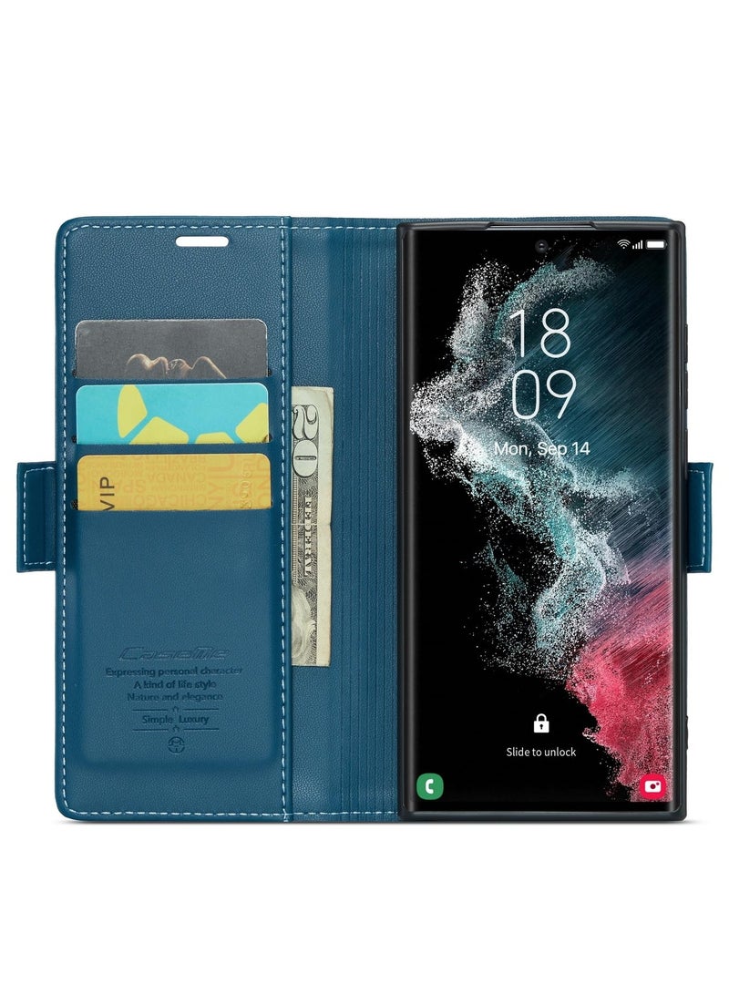 CaseMe Phone Case Luxury PU Leather Design Anti Fingerprint 023 Flip Cover Card Slot Holder Cover For Samsung Galaxy S22 Ultra (Blue) - Image 4