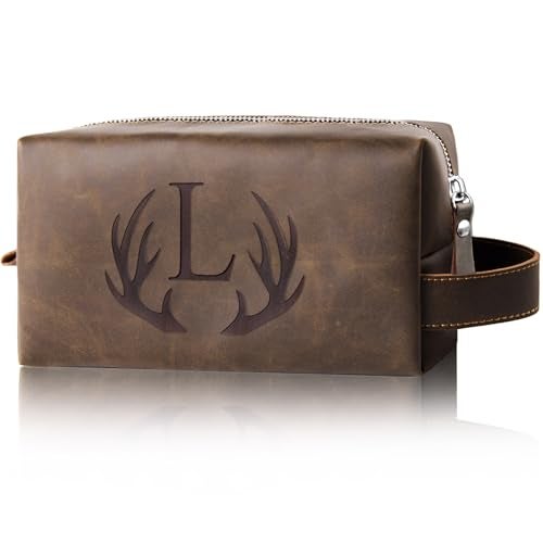Aganmi Personalized Travel Toiletry Bag for Men Initial Letter PU Leather Waterproof Shaving Bag for Toiletries Accessories Travel Essentials Storage Bags Fathers Day Birthday Gifts for Men (L) - Image 1