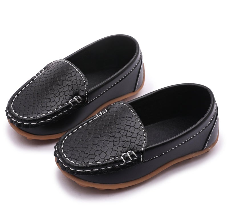 LONSOEN Toddler/Little Kid Boys Girls Soft Synthetic Leather Loafer Slip-On Boat-Dress Shoes/Sneakers,Black,SHF103 CN28 - Image 2