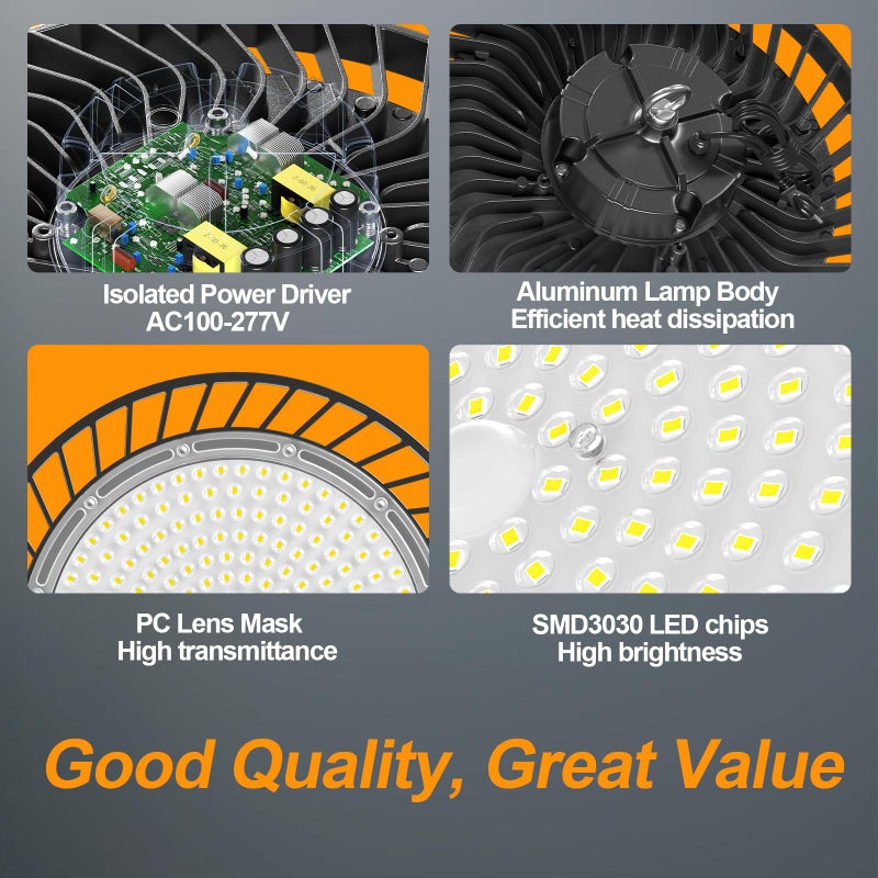 ONLYLUX 4Pack LED High Bay Light 200W 30000LM Commercial Lighting Products, 100-277V 6000K with Plug, Led Shop Lighting for Garage Barn Gyms Workshop Lighting - Image 3