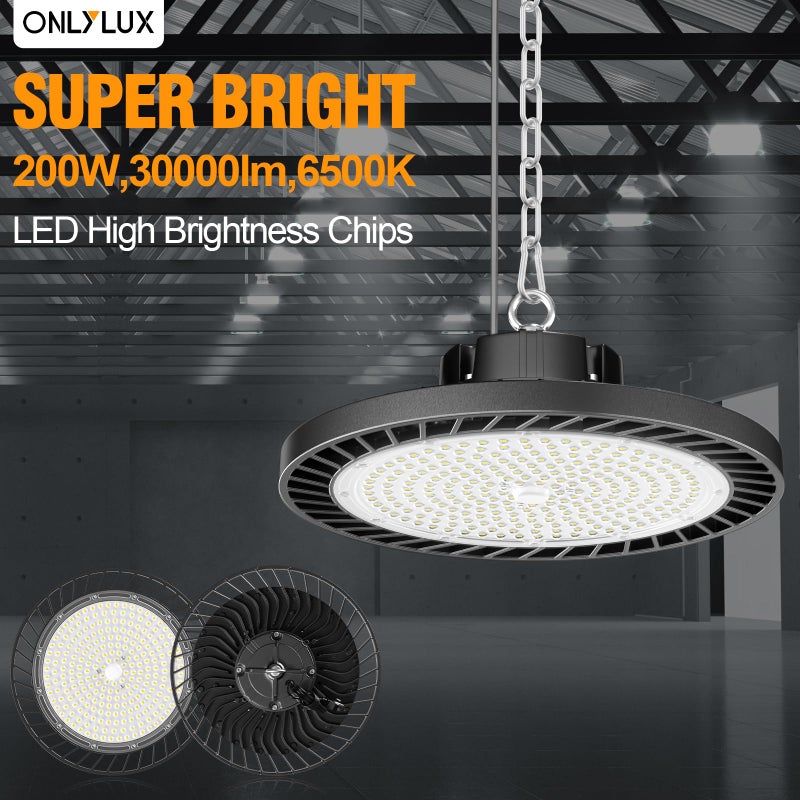 ONLYLUX 4Pack LED High Bay Light 200W 30000LM Commercial Lighting Products, 100-277V 6000K with Plug, Led Shop Lighting for Garage Barn Gyms Workshop Lighting - Image 2