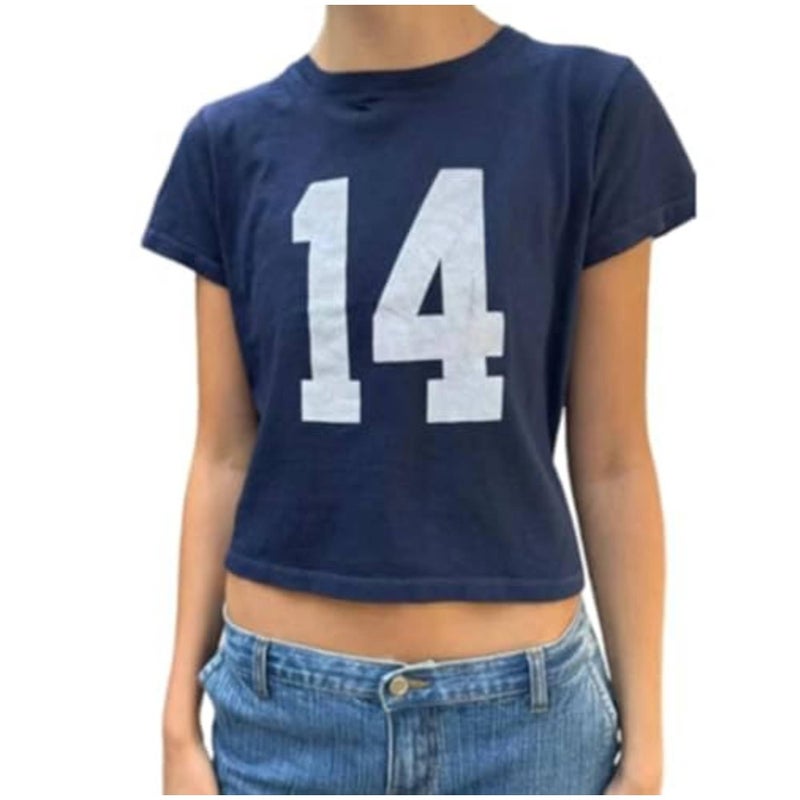 Vhitler Number 14 Fitted Tee Jersey Summer Crop Top Short Sleeve Y2k Shirt Graphic Baby Tee Women (Navy Blue/White,M,Medium) - Image 1