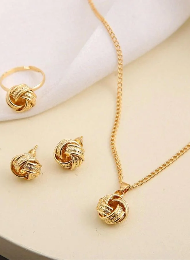 تايك تو Gold Knot Jewelry Set With Necklace, Earrings And Adjustable Ring 3-Piece