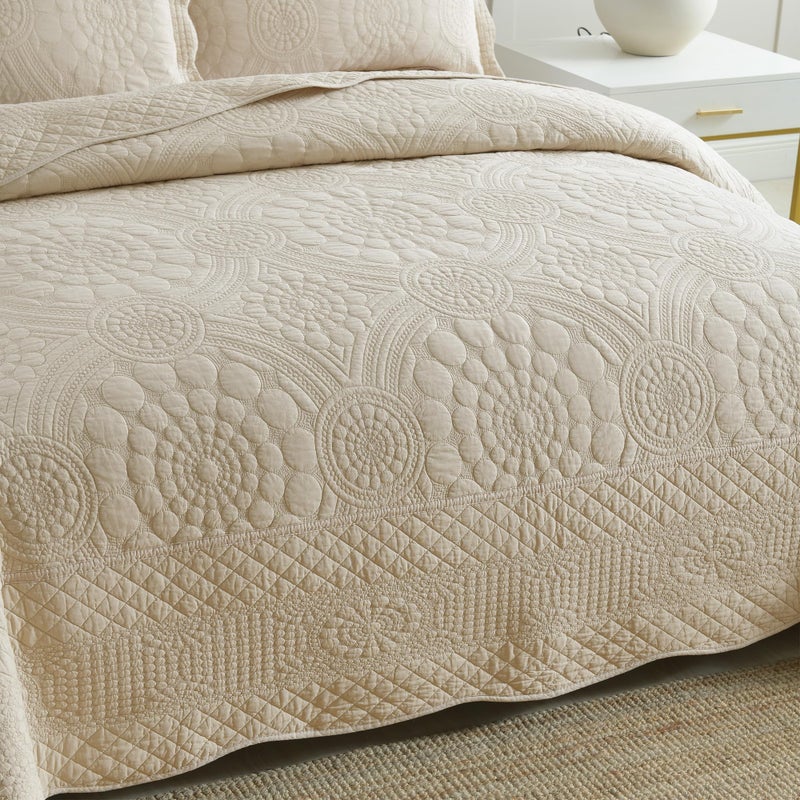 MarCielo 3-Piece 100% Cotton Oversized Bedspread Lightweight Quilt Coverlet Embroidery Farmhouse Bedding (Tf Khaki Beige, Oversized Queen (100"x106")) - Image 2